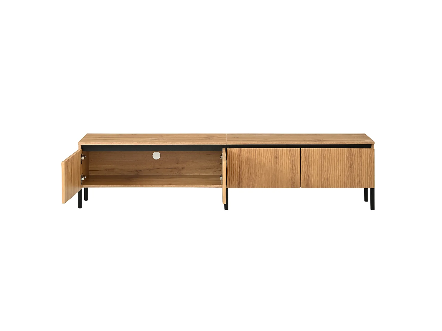 Meuble TV moderne 180x35x43 cm - 4 portes ondulées - Gestion des câbles - Pieds en métal - MDF - Naturel