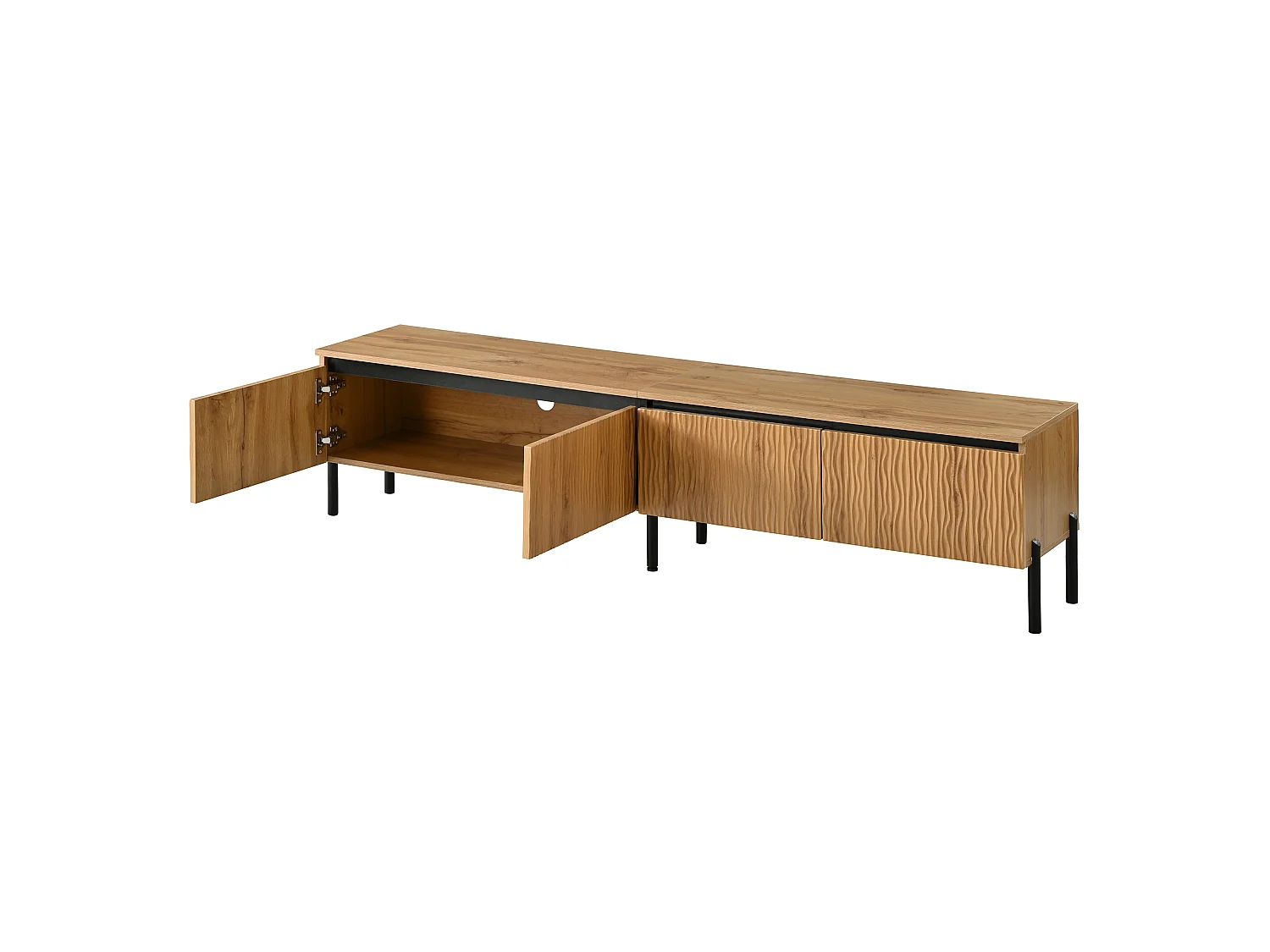 Meuble TV moderne 180x35x43 cm - 4 portes ondulées - Gestion des câbles - Pieds en métal - MDF - Naturel