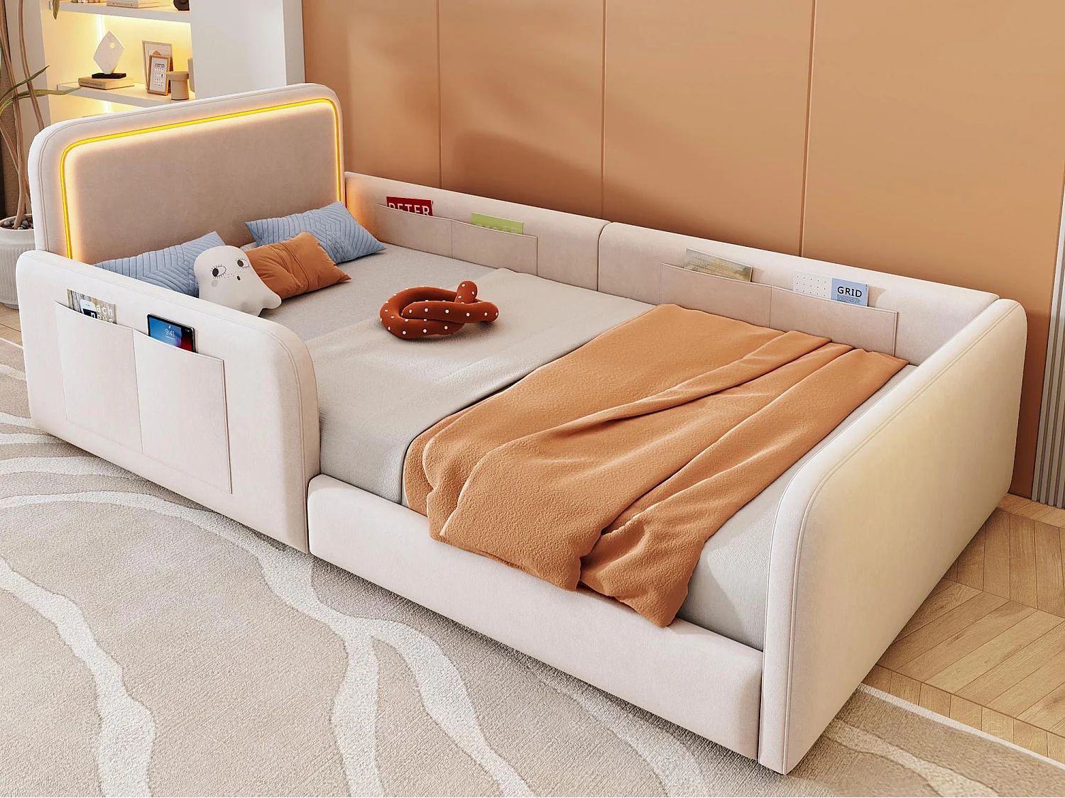 Lit enfant capitonné 90 x 200 cm - avec bande lumineuse LED - avec poches latérales - beige (matelas non inclus)