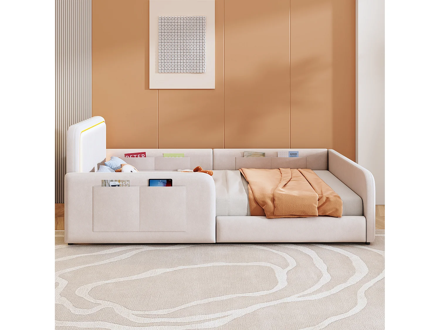 Lit enfant capitonné 90 x 200 cm - avec bande lumineuse LED - avec poches latérales - beige (matelas non inclus)