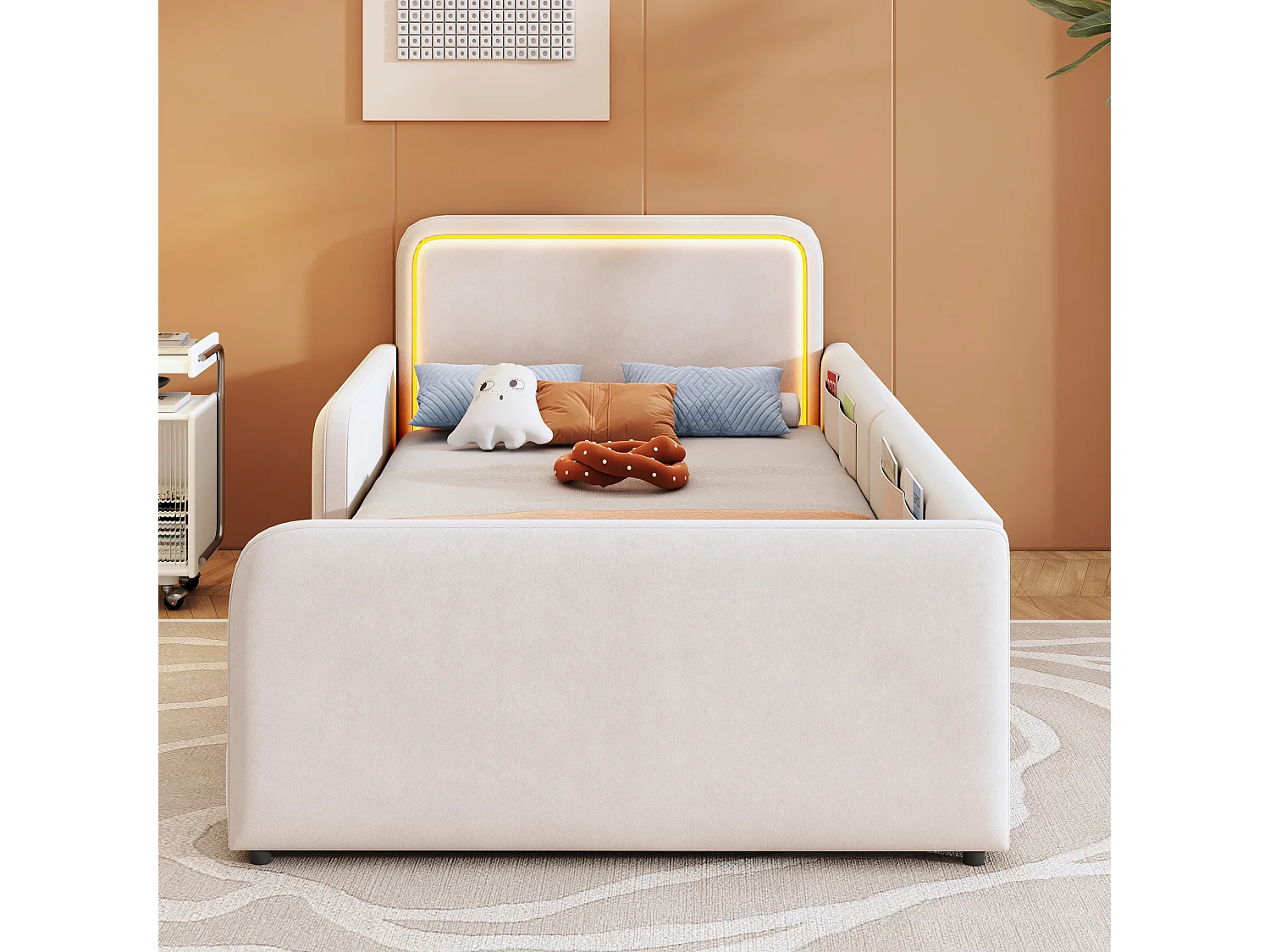 Lit enfant capitonné 90 x 200 cm - avec bande lumineuse LED - avec poches latérales - beige (matelas non inclus)
