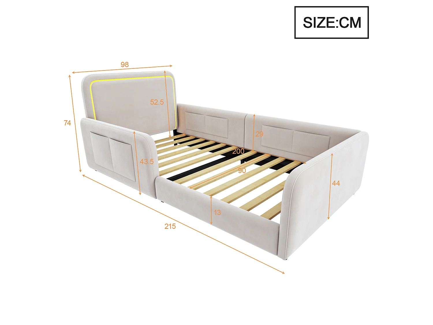 Lit enfant capitonné 90 x 200 cm - avec bande lumineuse LED - avec poches latérales - beige (matelas non inclus)
