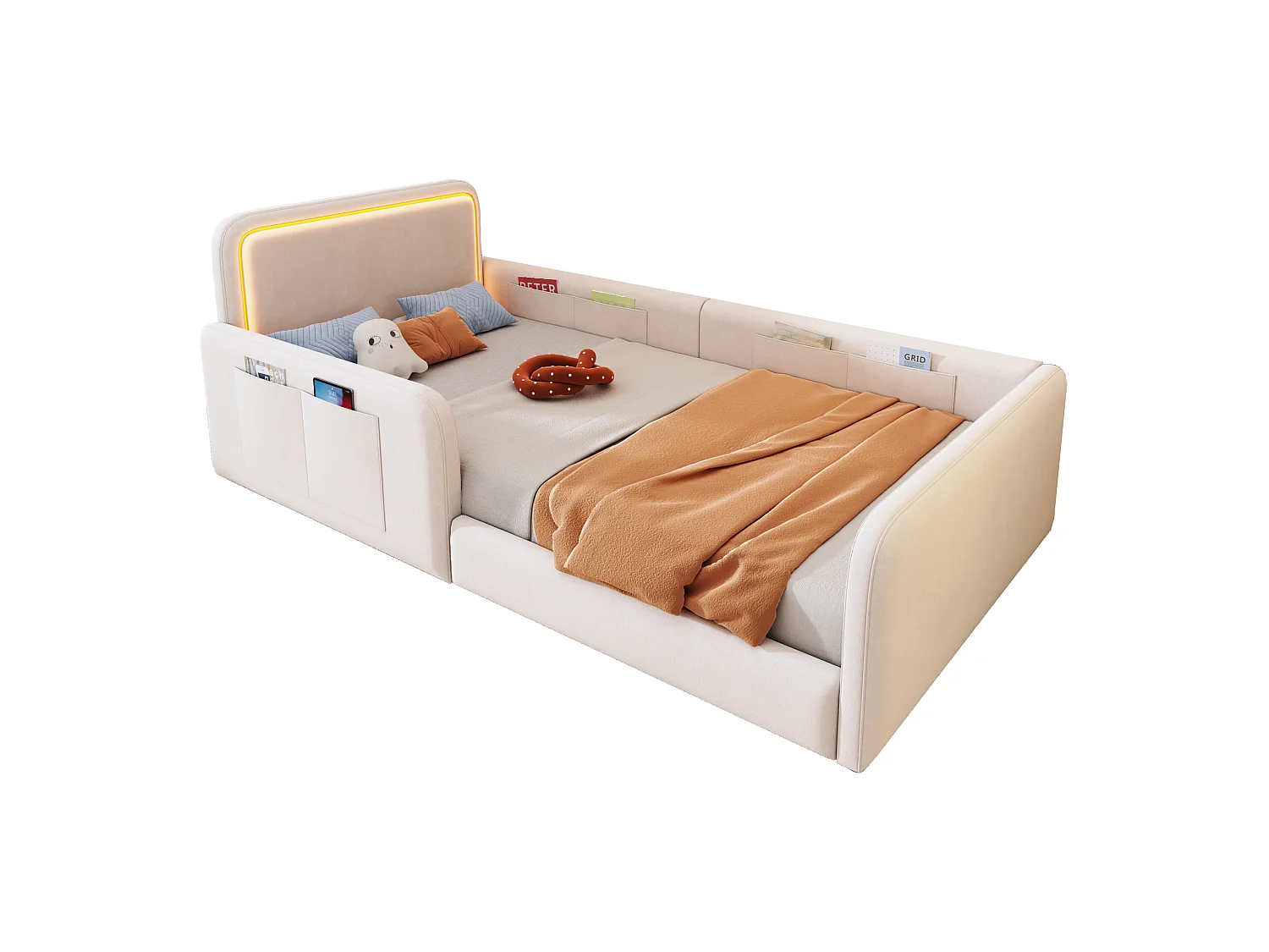 Lit enfant capitonné 90 x 200 cm - avec bande lumineuse LED - avec poches latérales - beige (matelas non inclus)