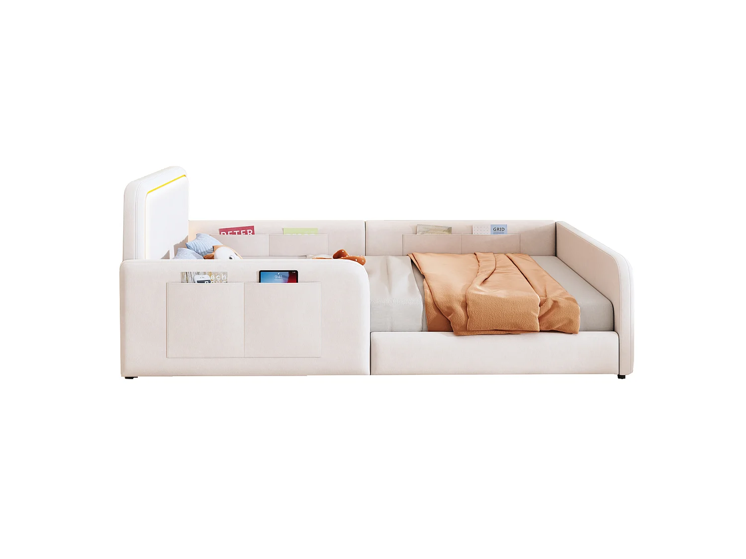 Lit enfant capitonné 90 x 200 cm - avec bande lumineuse LED - avec poches latérales - beige (matelas non inclus)
