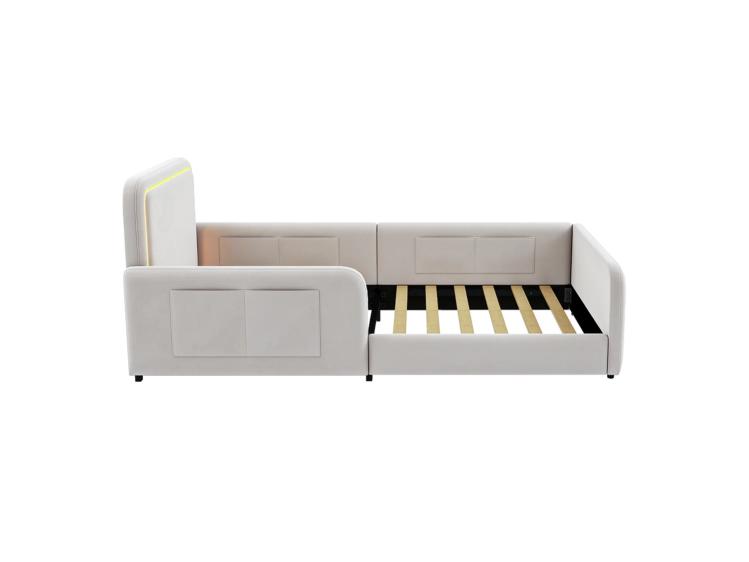 Lit enfant capitonné 90 x 200 cm - avec bande lumineuse LED - avec poches latérales - beige (matelas non inclus)