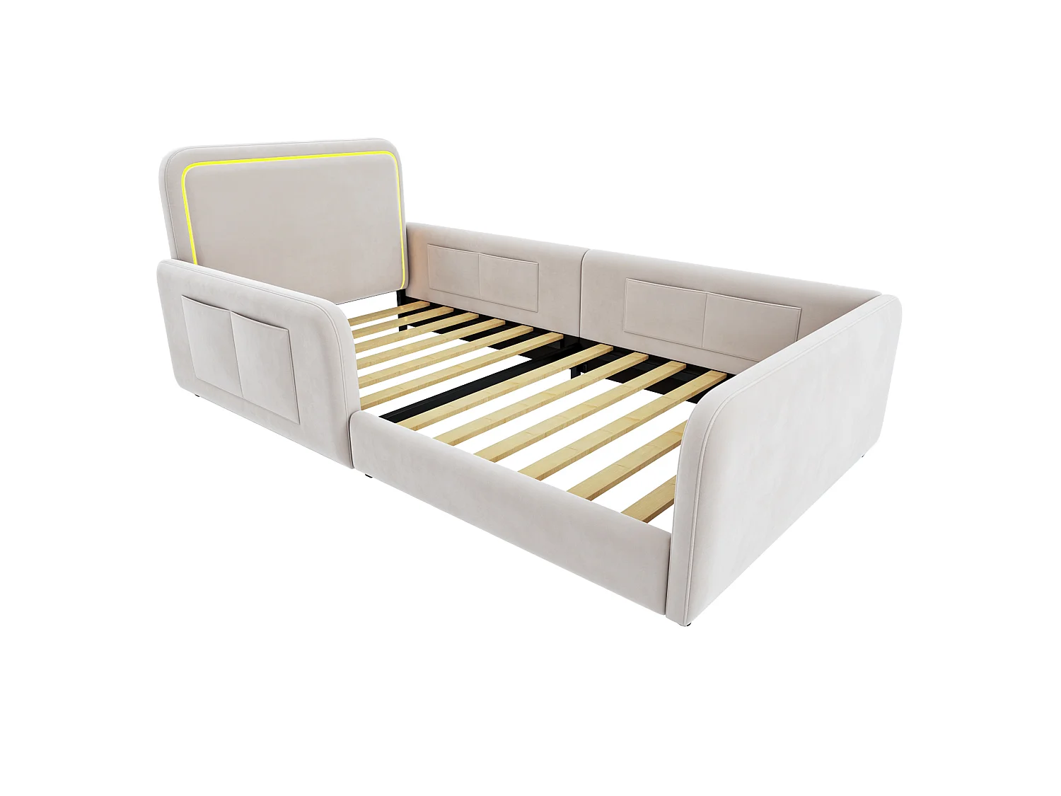 Lit enfant capitonné 90 x 200 cm - avec bande lumineuse LED - avec poches latérales - beige (matelas non inclus)