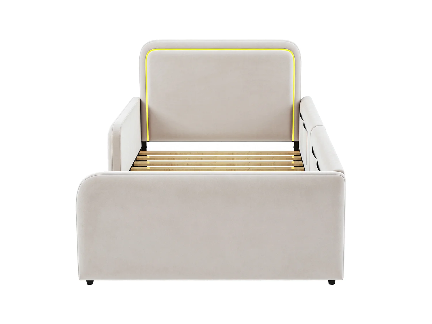 Lit enfant capitonné 90 x 200 cm - avec bande lumineuse LED - avec poches latérales - beige (matelas non inclus)