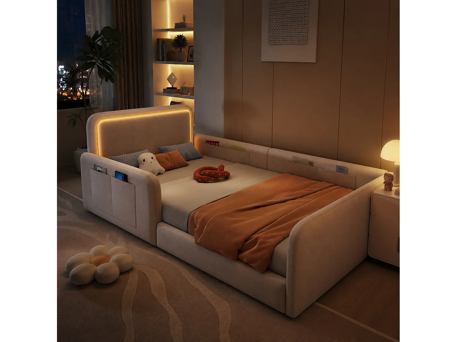 Lit enfant capitonné 90 x 200 cm - avec bande lumineuse LED - avec poches latérales - beige (matelas non inclus)