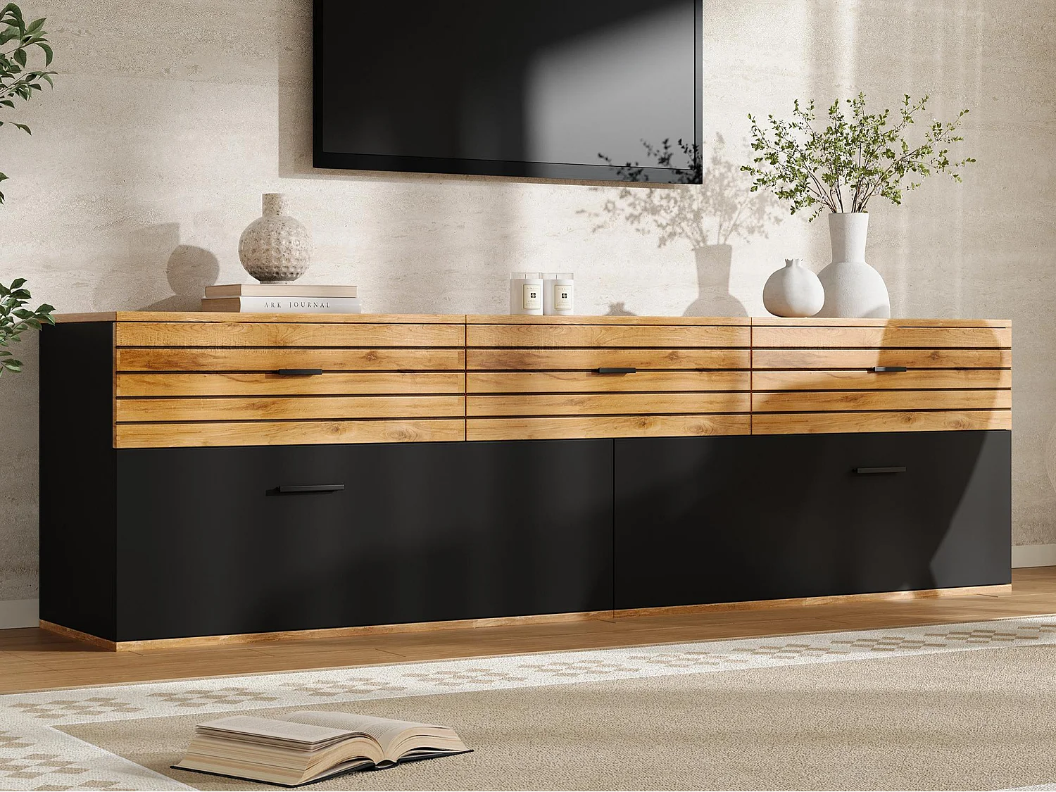 Meuble TV moderne 168 x 38 x 59 cm - 2 portes et 3 tiroirs - Convient aux TV jusqu'à 65 pouces - Finition bois et noir