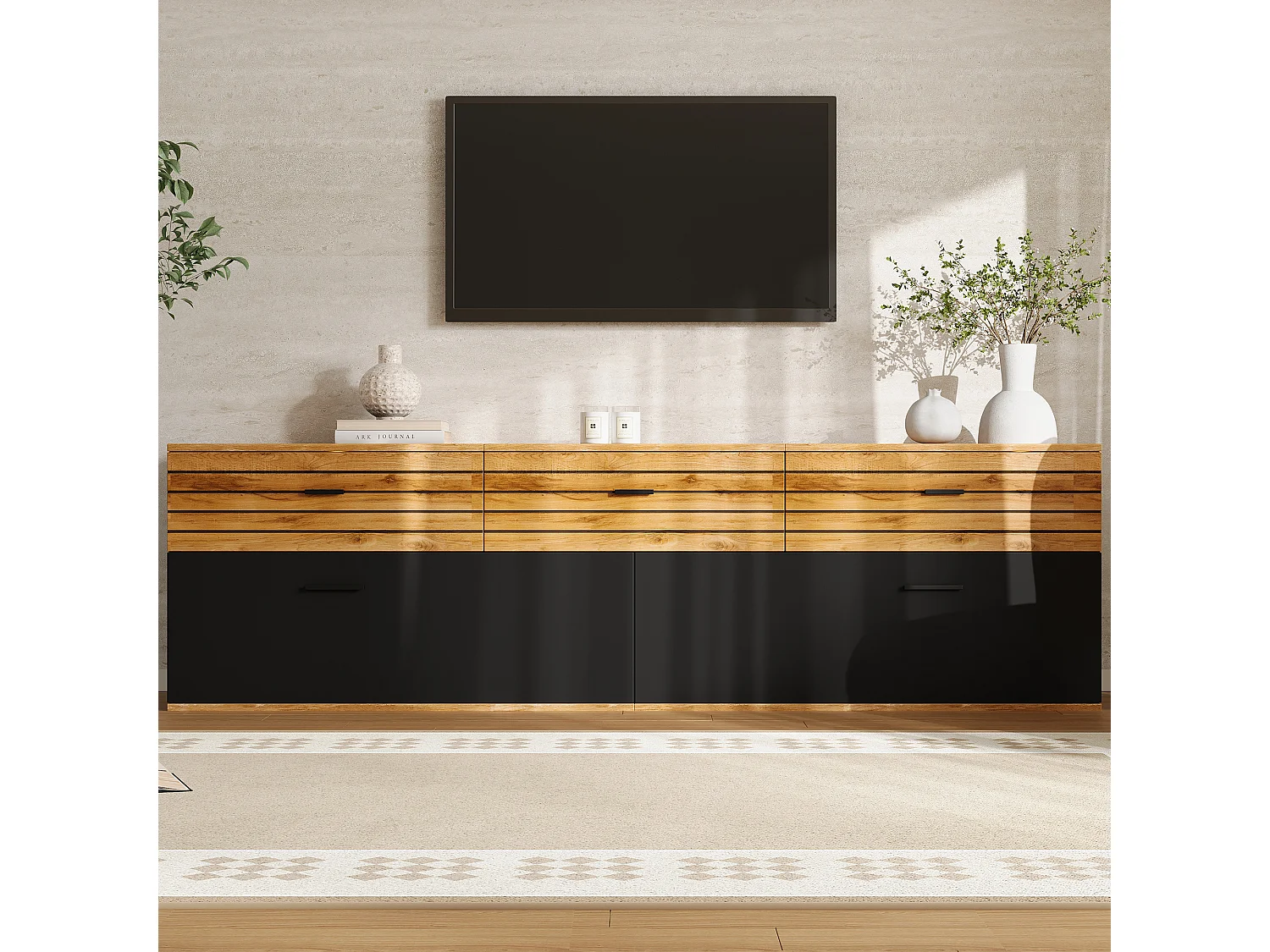 Meuble TV moderne 168 x 38 x 59 cm - 2 portes et 3 tiroirs - Convient aux TV jusqu'à 65 pouces - Finition bois et noir