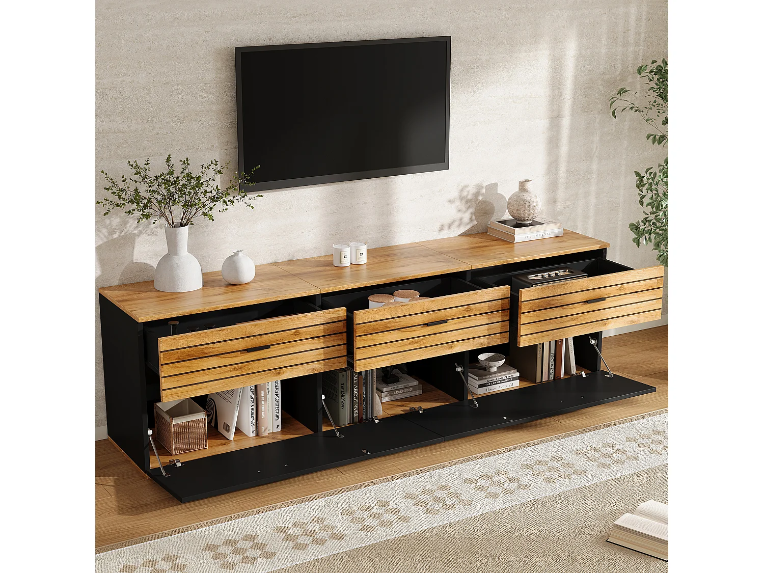 Meuble TV moderne 168 x 38 x 59 cm - 2 portes et 3 tiroirs - Convient aux TV jusqu'à 65 pouces - Finition bois et noir