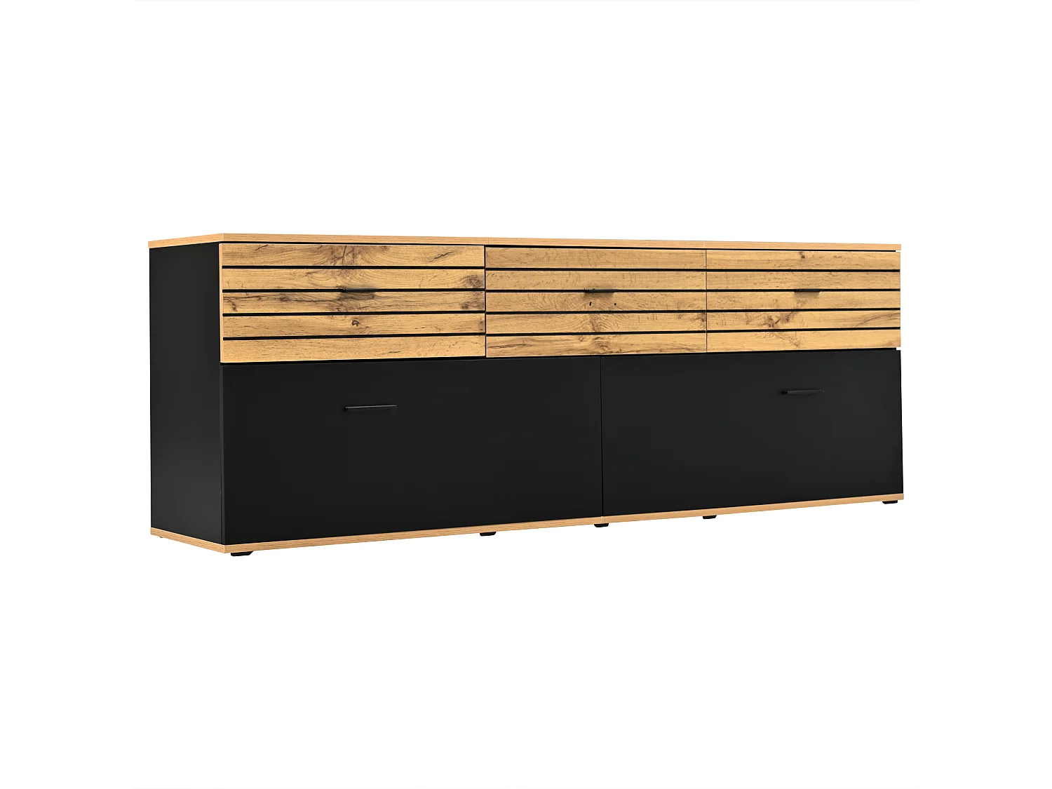 Meuble TV moderne 168 x 38 x 59 cm - 2 portes et 3 tiroirs - Convient aux TV jusqu'à 65 pouces - Finition bois et noir