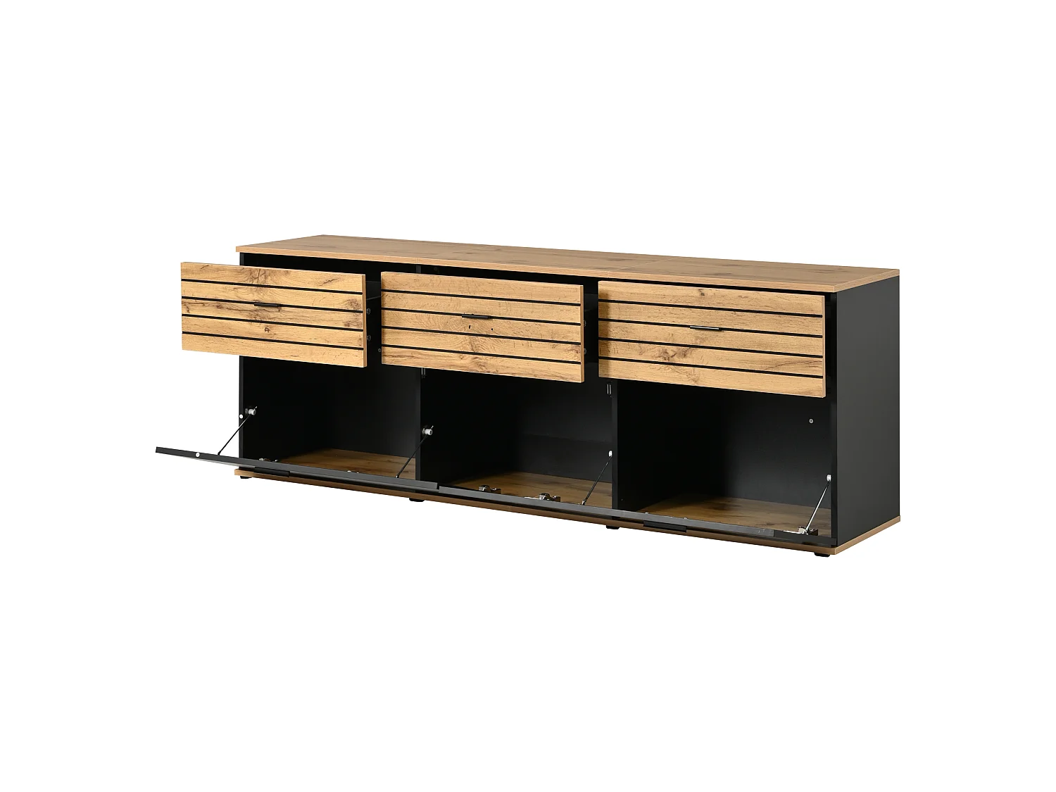 Meuble TV moderne 168 x 38 x 59 cm - 2 portes et 3 tiroirs - Convient aux TV jusqu'à 65 pouces - Finition bois et noir