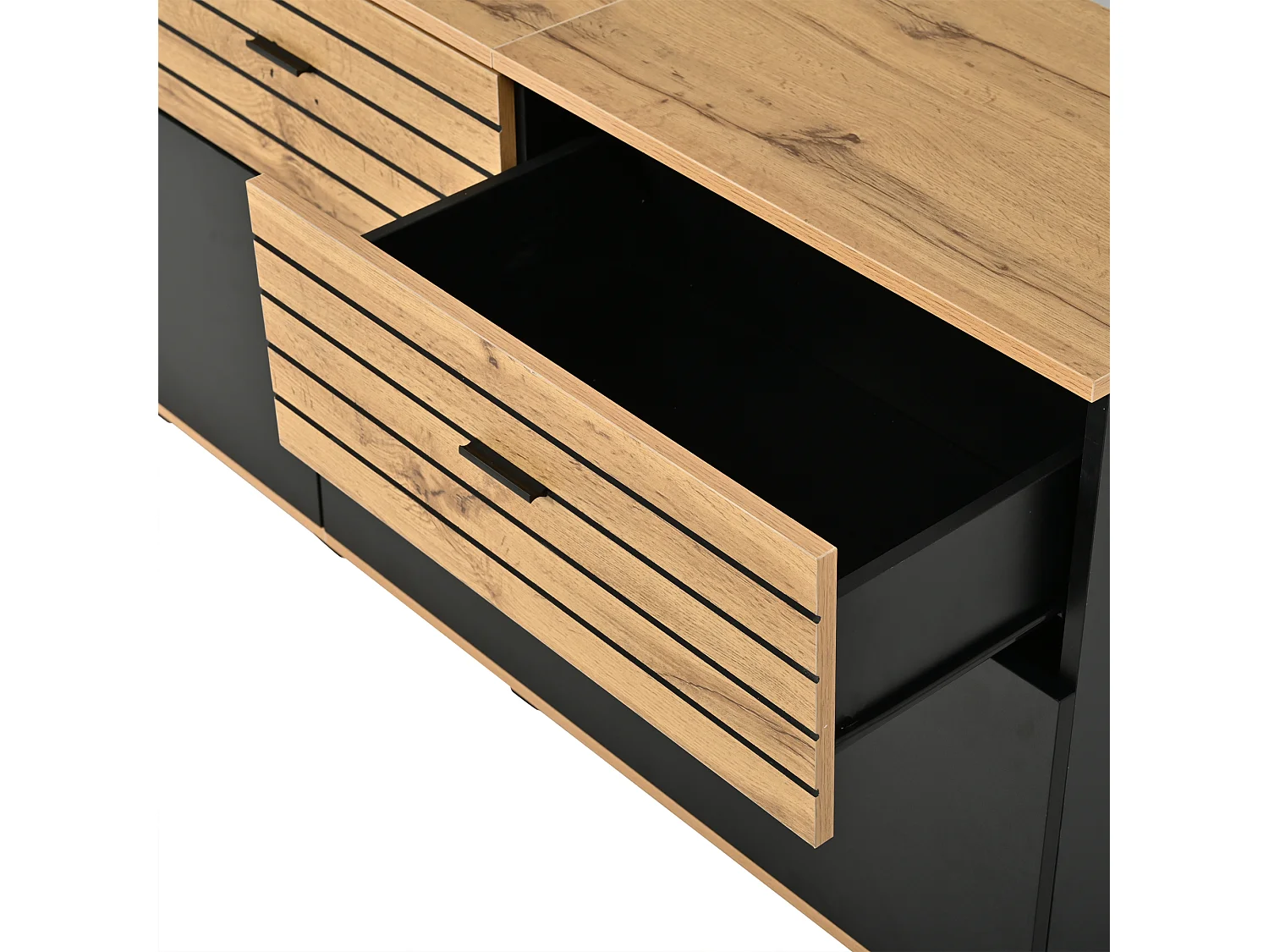 Meuble TV moderne 168 x 38 x 59 cm - 2 portes et 3 tiroirs - Convient aux TV jusqu'à 65 pouces - Finition bois et noir