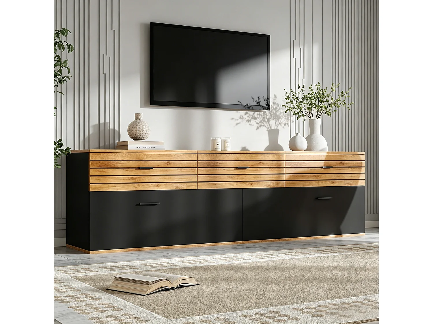 Meuble TV moderne 168 x 38 x 59 cm - 2 portes et 3 tiroirs - Convient aux TV jusqu'à 65 pouces - Finition bois et noir