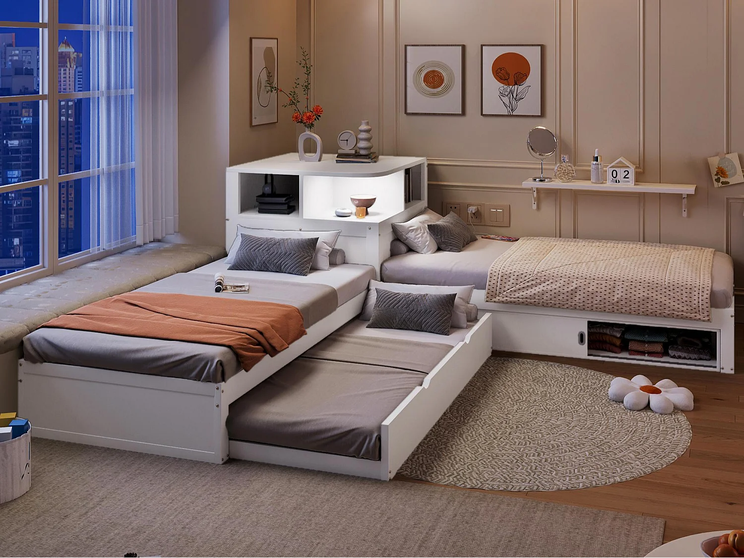Lit double en L 90x200 cm - Lit gigogne avec rangement intégré et porte coulissante - Éclairage LED - MDF - Blanc (sans matelas)