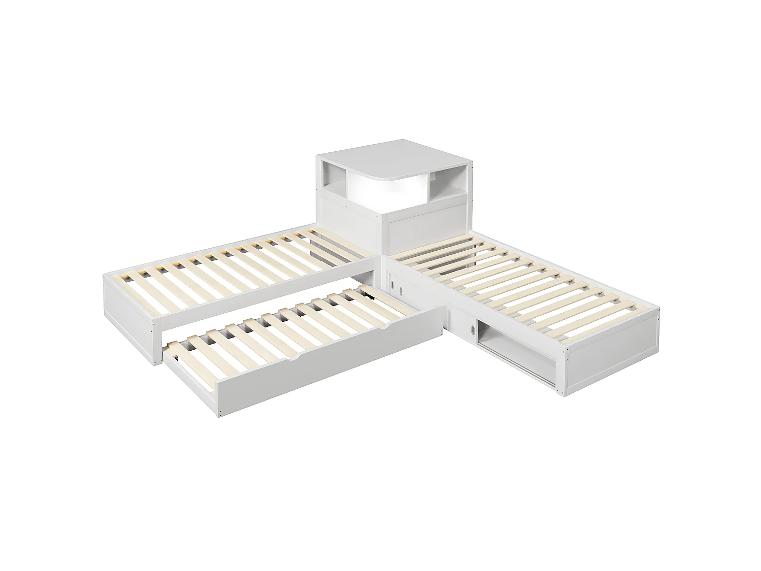 Lit double en L 90x200 cm - Lit gigogne avec rangement intégré et porte coulissante - Éclairage LED - MDF - Blanc (sans matelas)