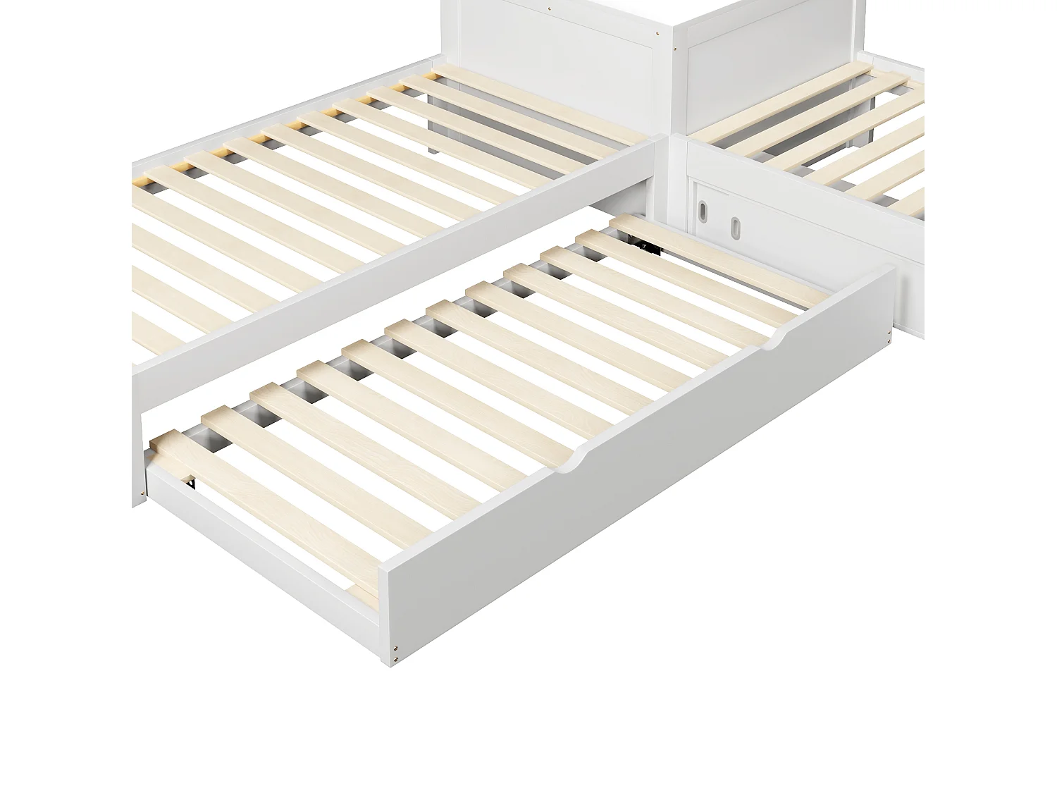 Lit double en L 90x200 cm - Lit gigogne avec rangement intégré et porte coulissante - Éclairage LED - MDF - Blanc (sans matelas)