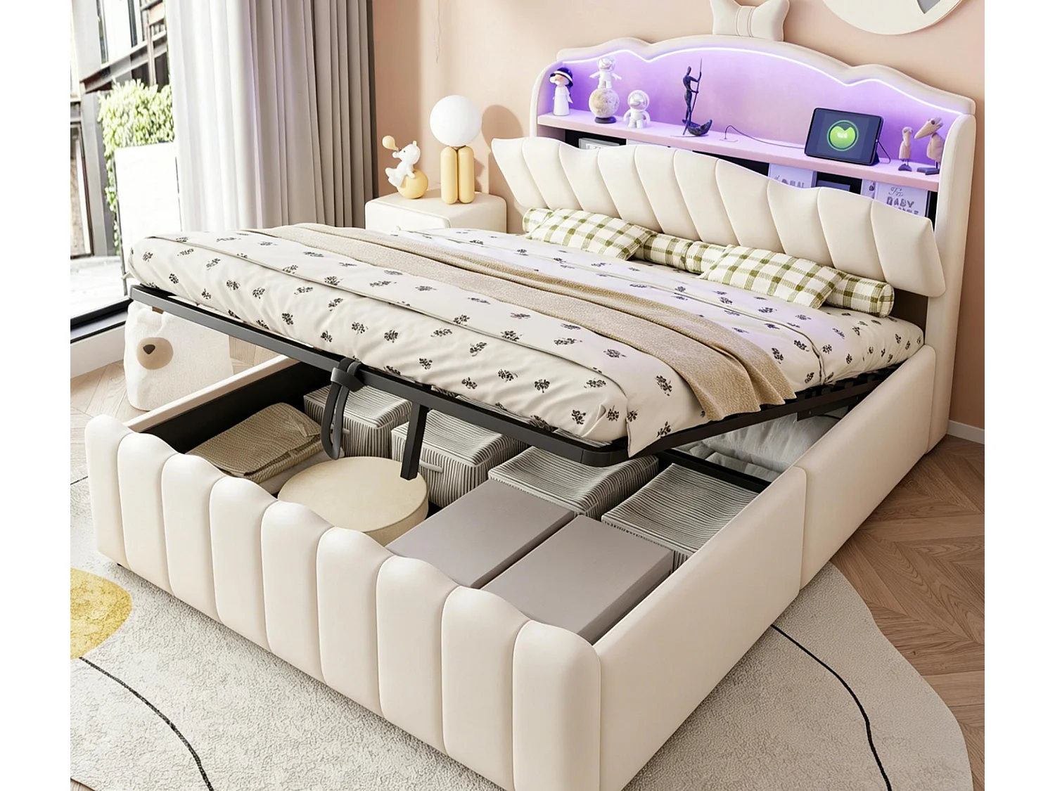 Lit coffre capitonné 140 x 200 cm - velours - avec lumière LED - avec port de chargement USB - beige (matelas non inclus)