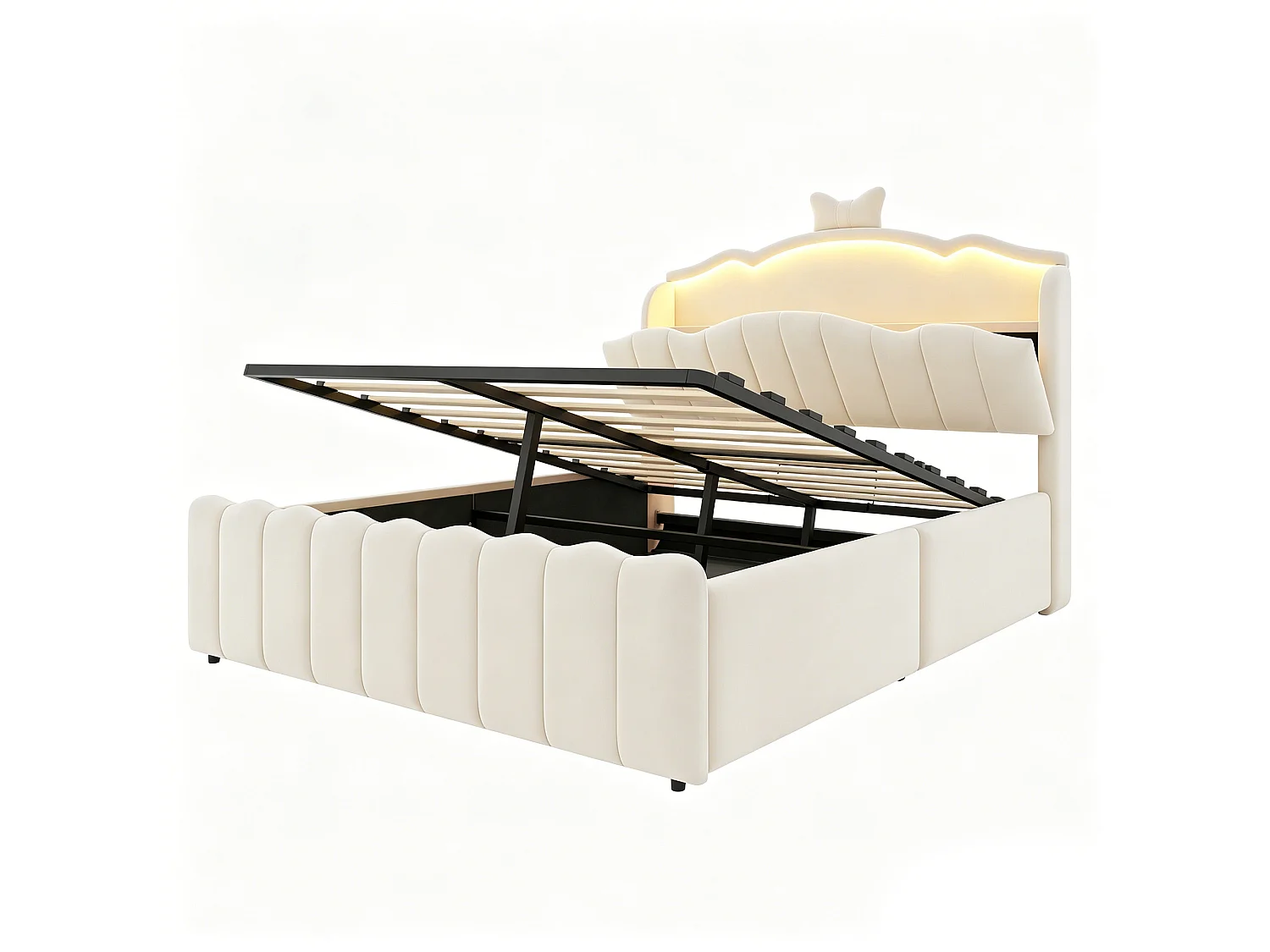 Lit coffre capitonné 140 x 200 cm - velours - avec lumière LED - avec port de chargement USB - beige (matelas non inclus)