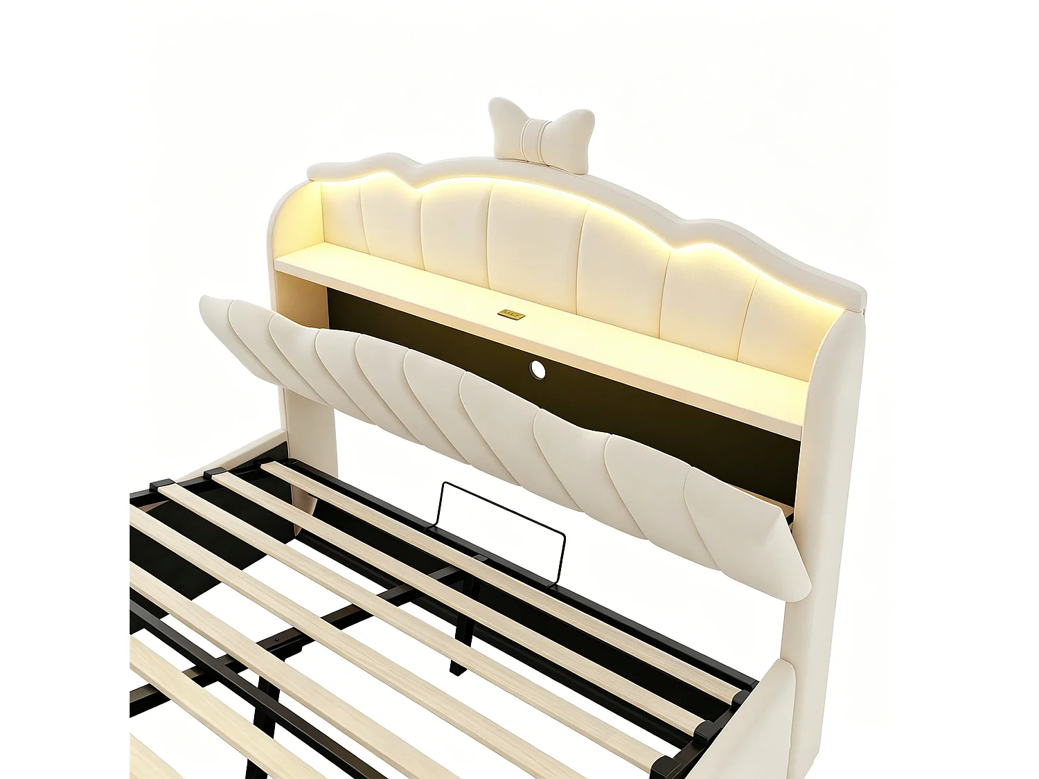 Lit coffre capitonné 140 x 200 cm - velours - avec lumière LED - avec port de chargement USB - beige (matelas non inclus)
