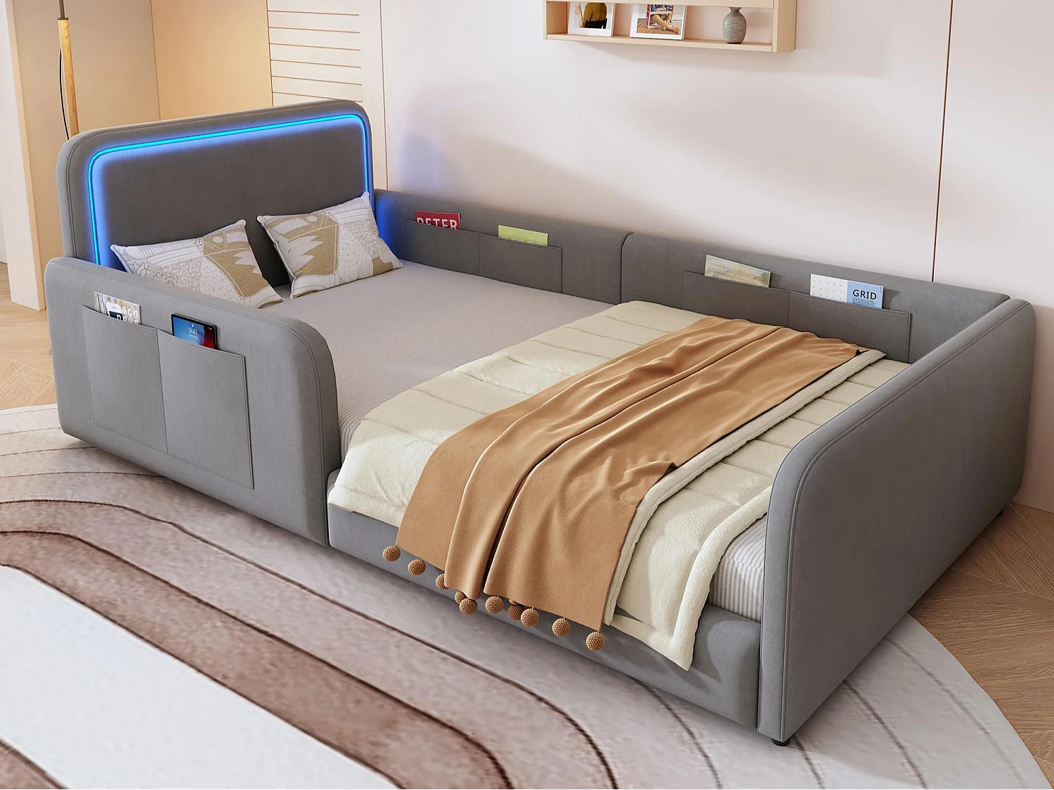 Lit enfant capitonné 90 x 200 cm - avec bande lumineuse LED - avec poches latérales - gris (matelas non inclus)
