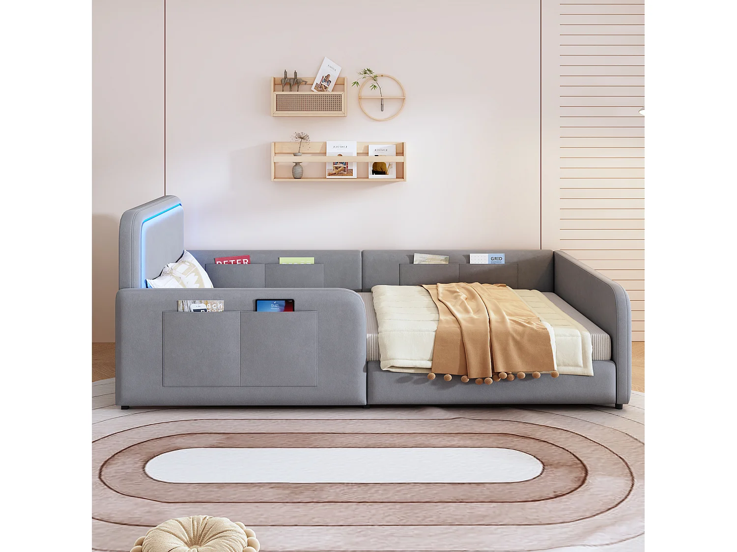 Lit enfant capitonné 90 x 200 cm - avec bande lumineuse LED - avec poches latérales - gris (matelas non inclus)