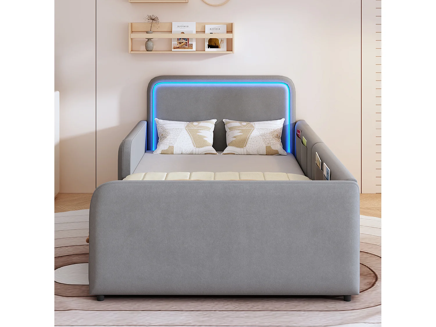 Lit enfant capitonné 90 x 200 cm - avec bande lumineuse LED - avec poches latérales - gris (matelas non inclus)