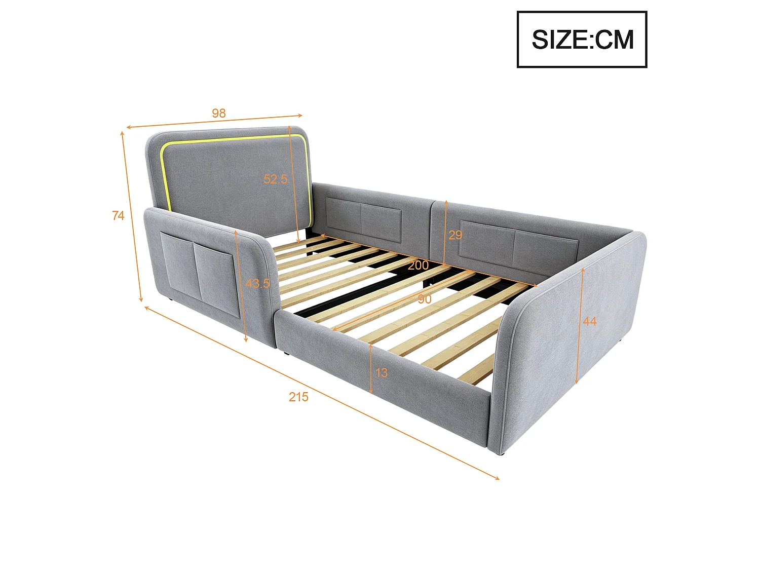 Lit enfant capitonné 90 x 200 cm - avec bande lumineuse LED - avec poches latérales - gris (matelas non inclus)