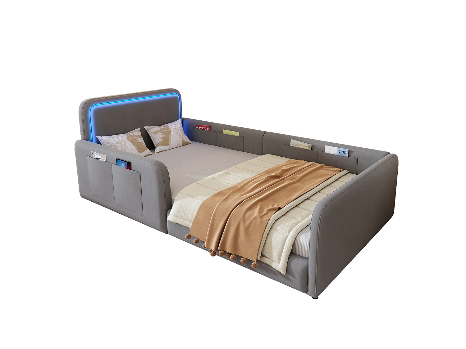 Lit enfant capitonné 90 x 200 cm - avec bande lumineuse LED - avec poches latérales - gris (matelas non inclus)
