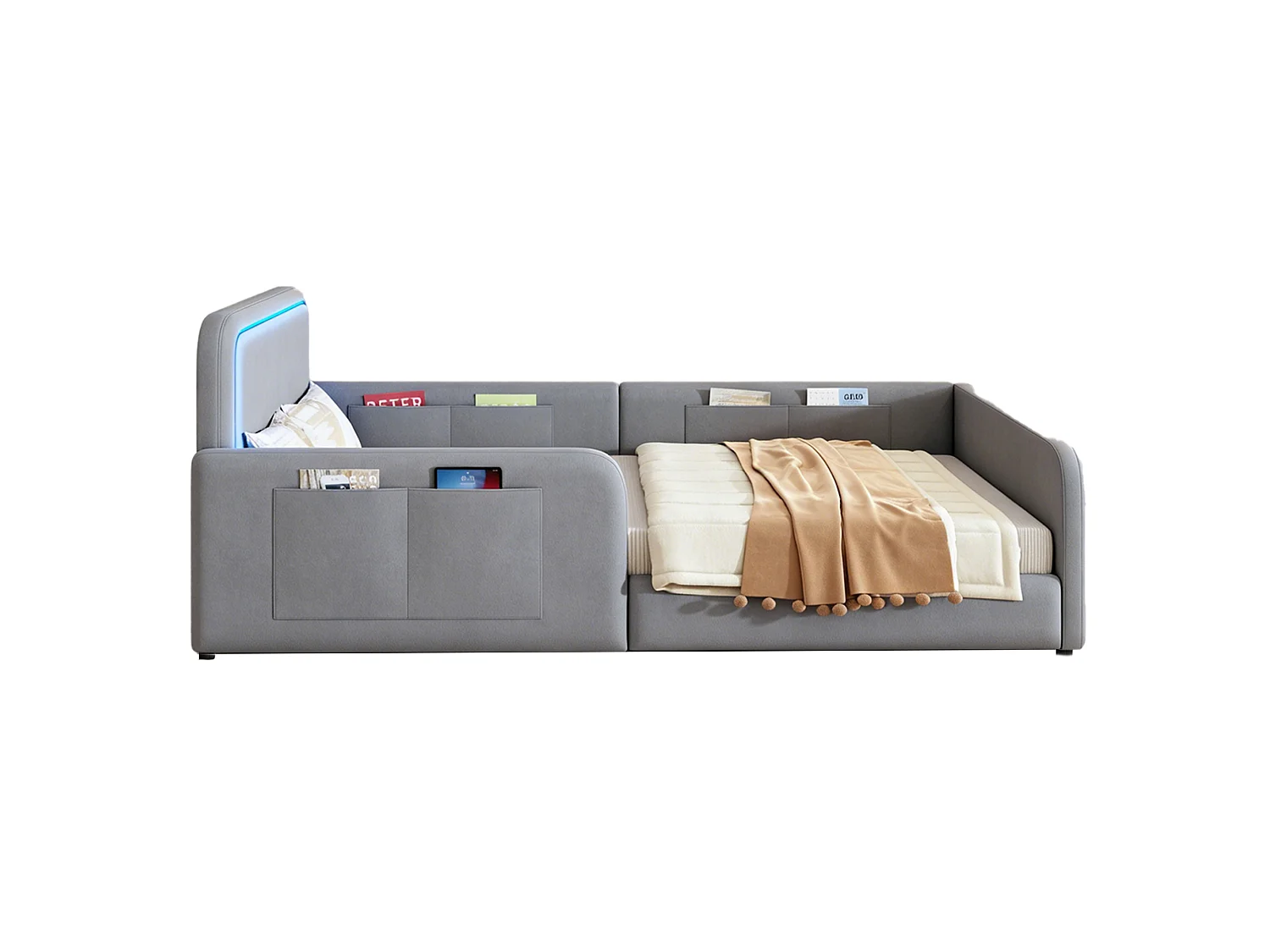 Lit enfant capitonné 90 x 200 cm - avec bande lumineuse LED - avec poches latérales - gris (matelas non inclus)