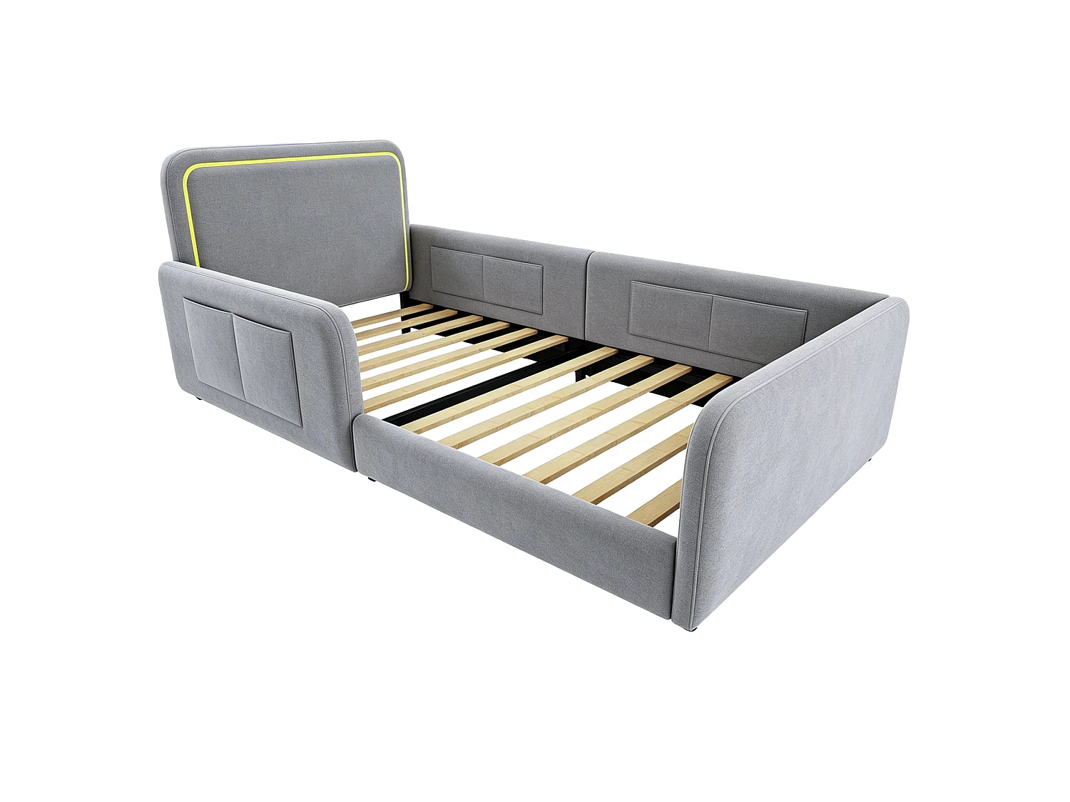 Lit enfant capitonné 90 x 200 cm - avec bande lumineuse LED - avec poches latérales - gris (matelas non inclus)