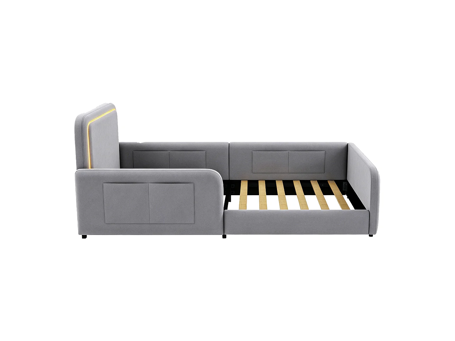 Lit enfant capitonné 90 x 200 cm - avec bande lumineuse LED - avec poches latérales - gris (matelas non inclus)