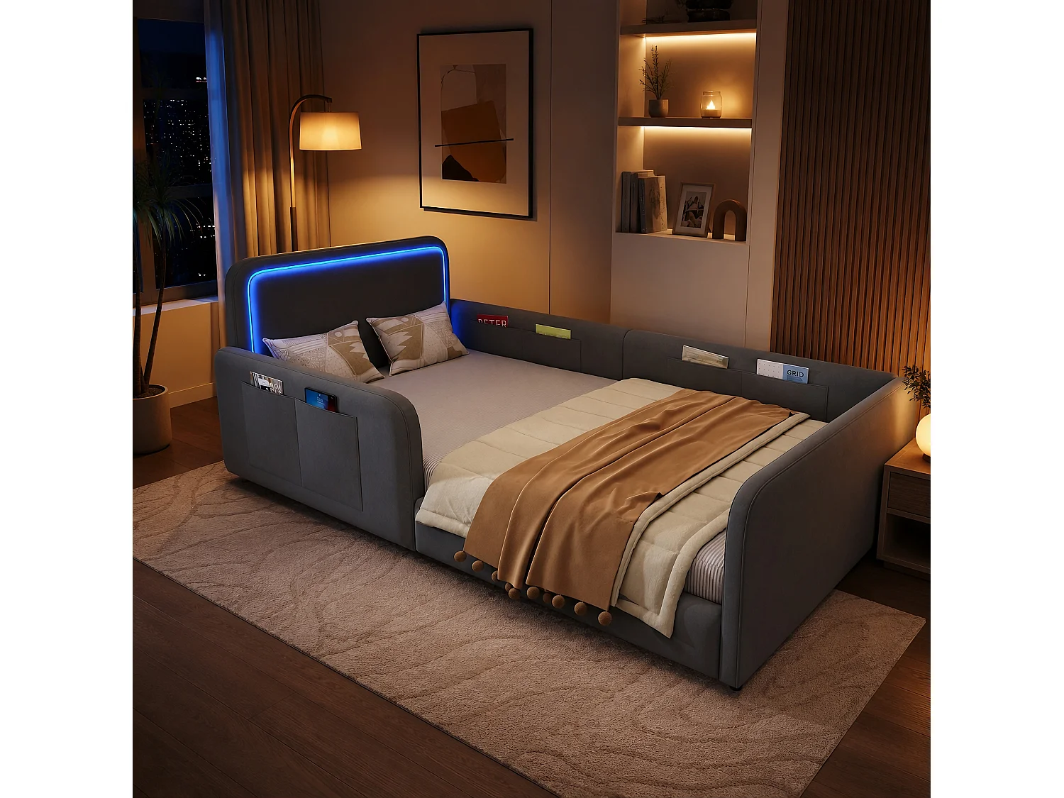 Lit enfant capitonné 90 x 200 cm - avec bande lumineuse LED - avec poches latérales - gris (matelas non inclus)