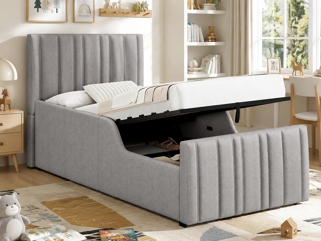 Lit  coffre enfant capitonné 90 x 200 cm - Tête de lit capitonnée - Espace de rangement - Lin - Gris