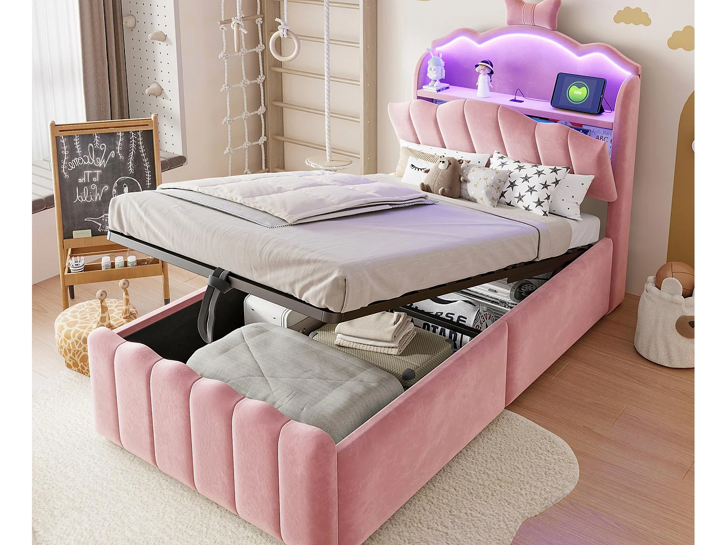 Lit coffre capitonné 90 x 200 cm - velours - avec lumière LED - avec port de chargement USB - rose (matelas non inclus)