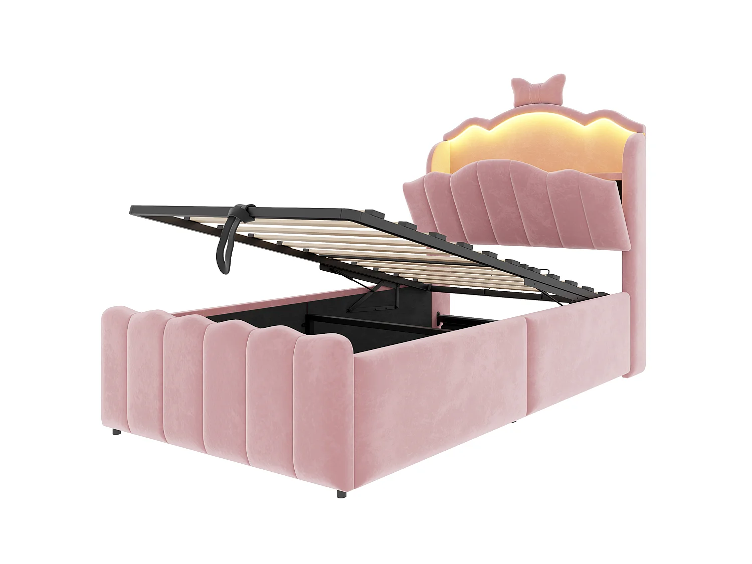 Lit coffre capitonné 90 x 200 cm - velours - avec lumière LED - avec port de chargement USB - rose (matelas non inclus)