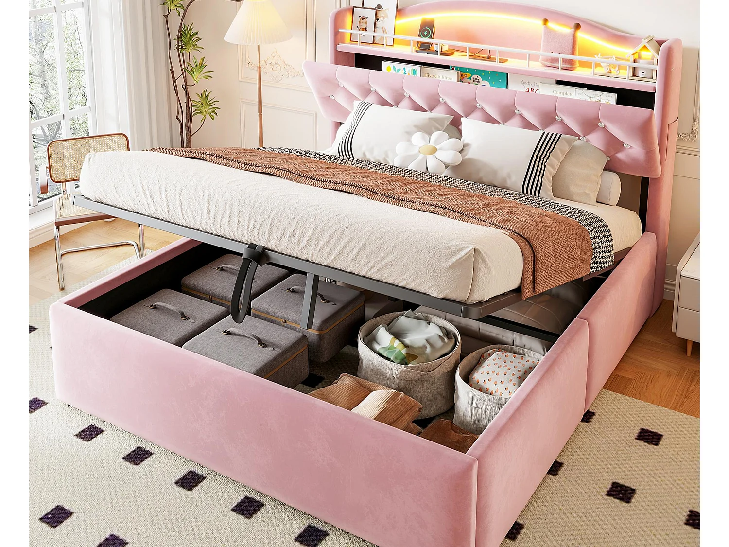 Lit coffre capitonné 140 x 200 cm - avec lumière LED - avec port de chargement USB - Rose (matelas non inclus)