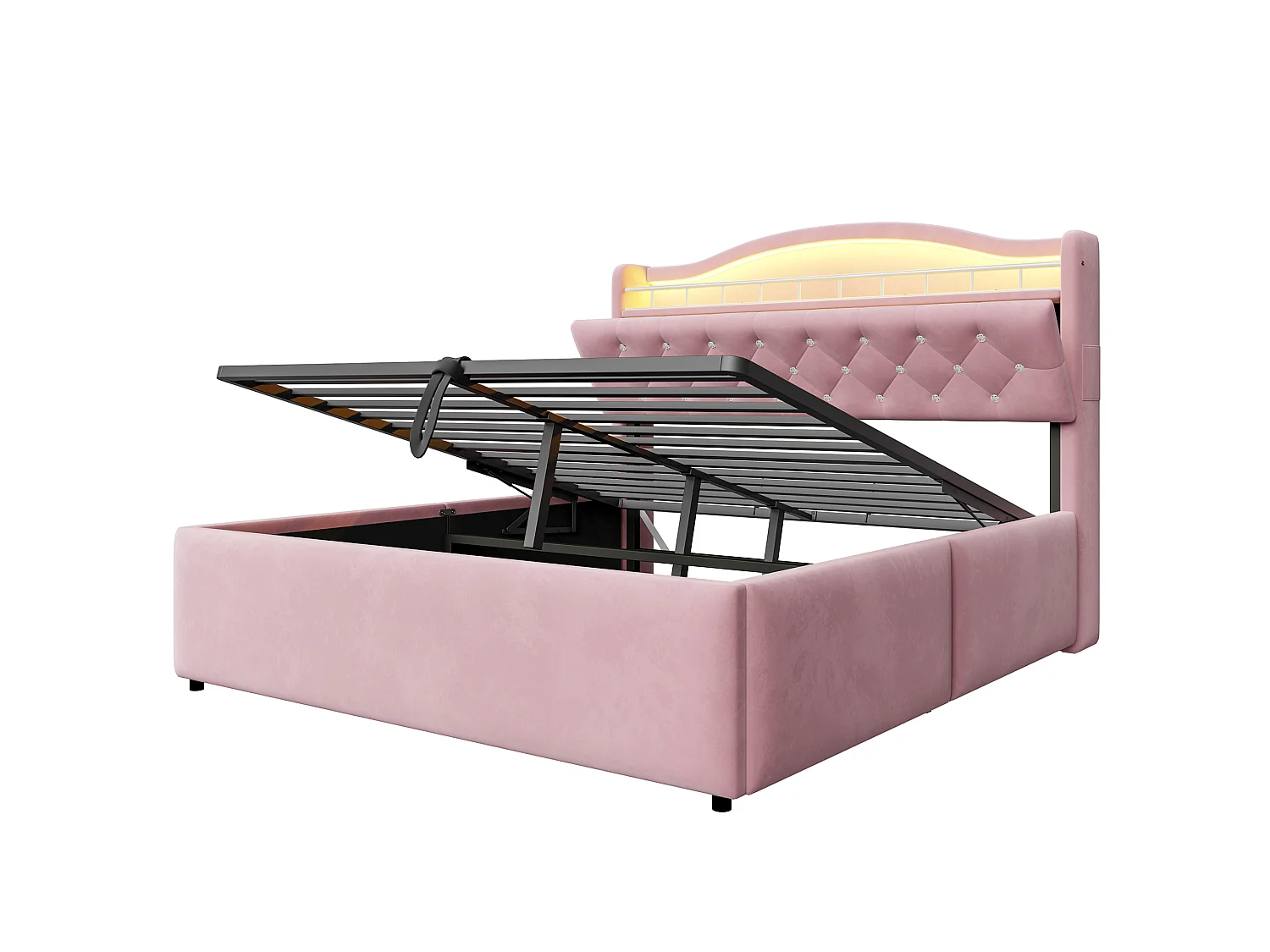 Lit coffre capitonné 140 x 200 cm - avec lumière LED - avec port de chargement USB - Rose (matelas non inclus)