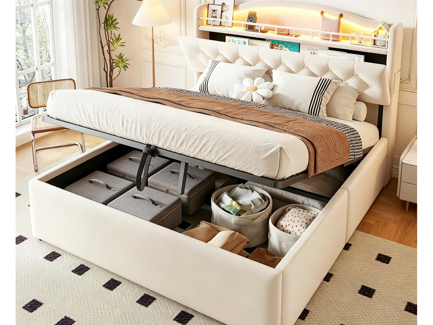 Lit coffre capitonné 140 x 200 cm - avec lumière LED - avec port de chargement USB - Beige (matelas non inclus)