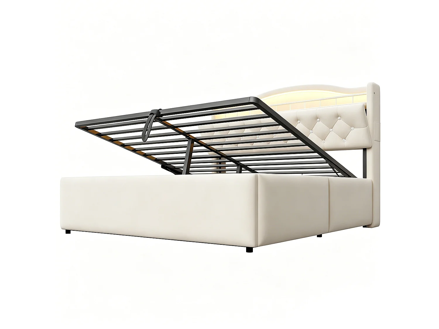 Lit coffre capitonné 140 x 200 cm - avec lumière LED - avec port de chargement USB - Beige (matelas non inclus)