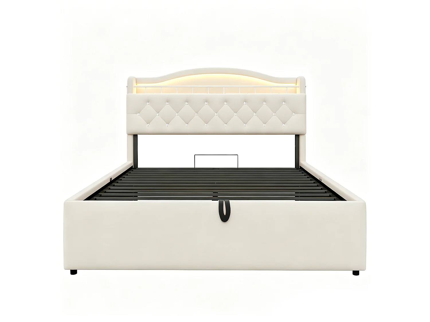 Lit coffre capitonné 140 x 200 cm - avec lumière LED - avec port de chargement USB - Beige (matelas non inclus)
