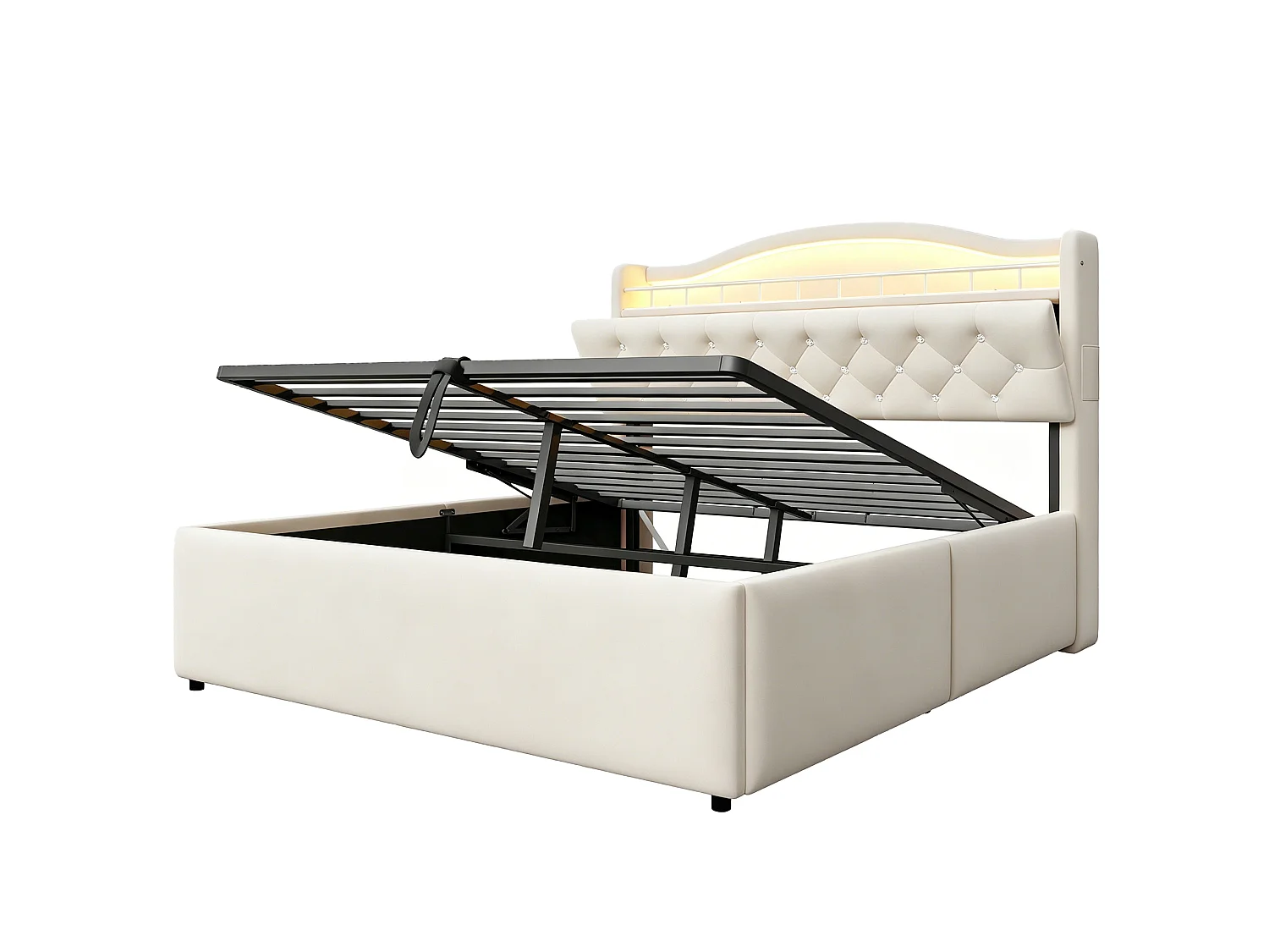 Lit coffre capitonné 140 x 200 cm - avec lumière LED - avec port de chargement USB - Beige (matelas non inclus)