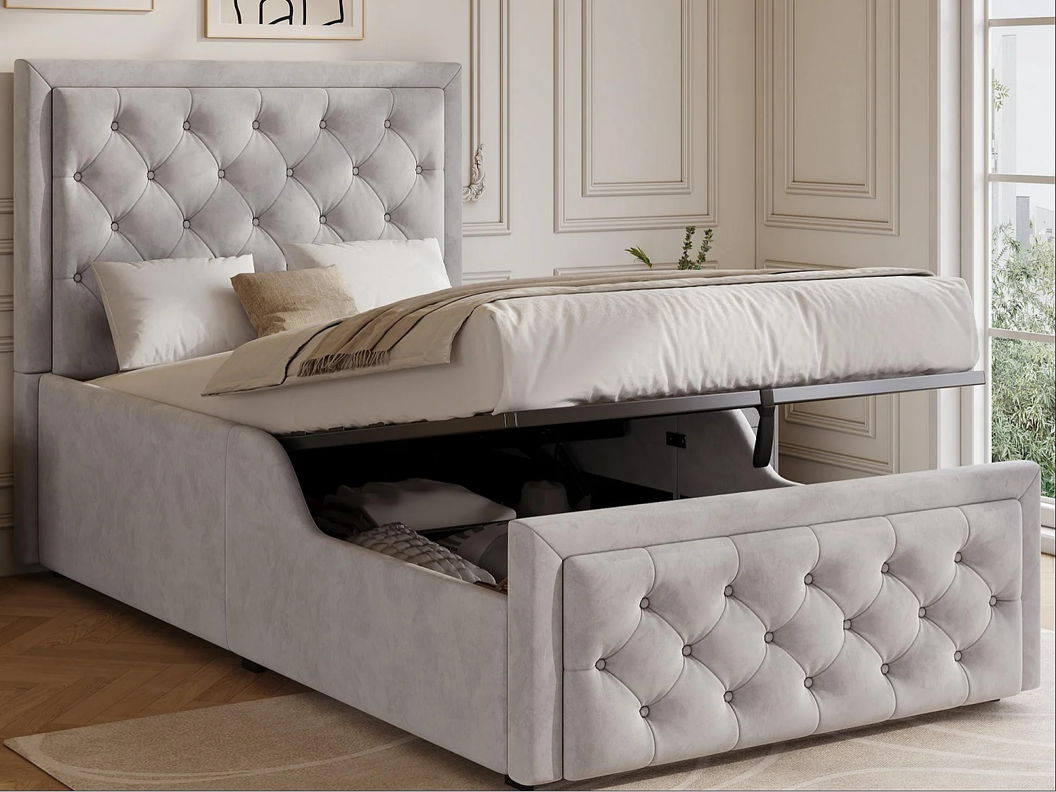 Lit coffre enfant capitonné 90 x 200 cm - Tête de lit capitonnée - Velours - Gris(Matelas non inclus)