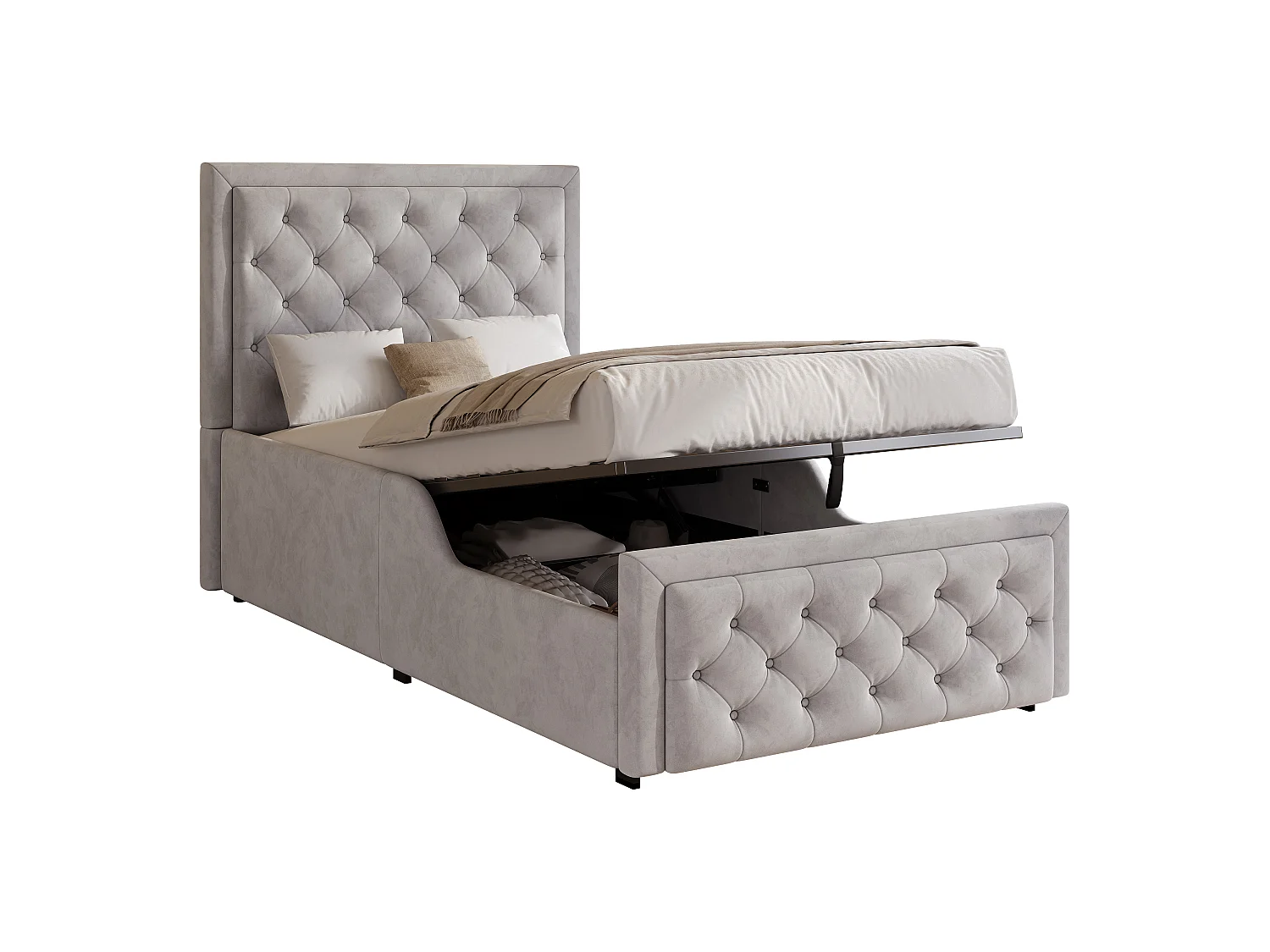 Lit coffre enfant capitonné 90 x 200 cm - Tête de lit capitonnée - Velours - Gris(Matelas non inclus)