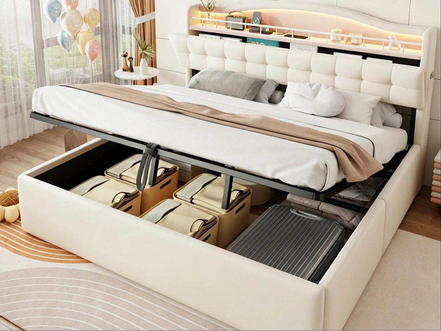 Lit coffre capitonné 180 x 200 cm - avec lumière LED - avec port de chargement USB - Beige (matelas non inclus)