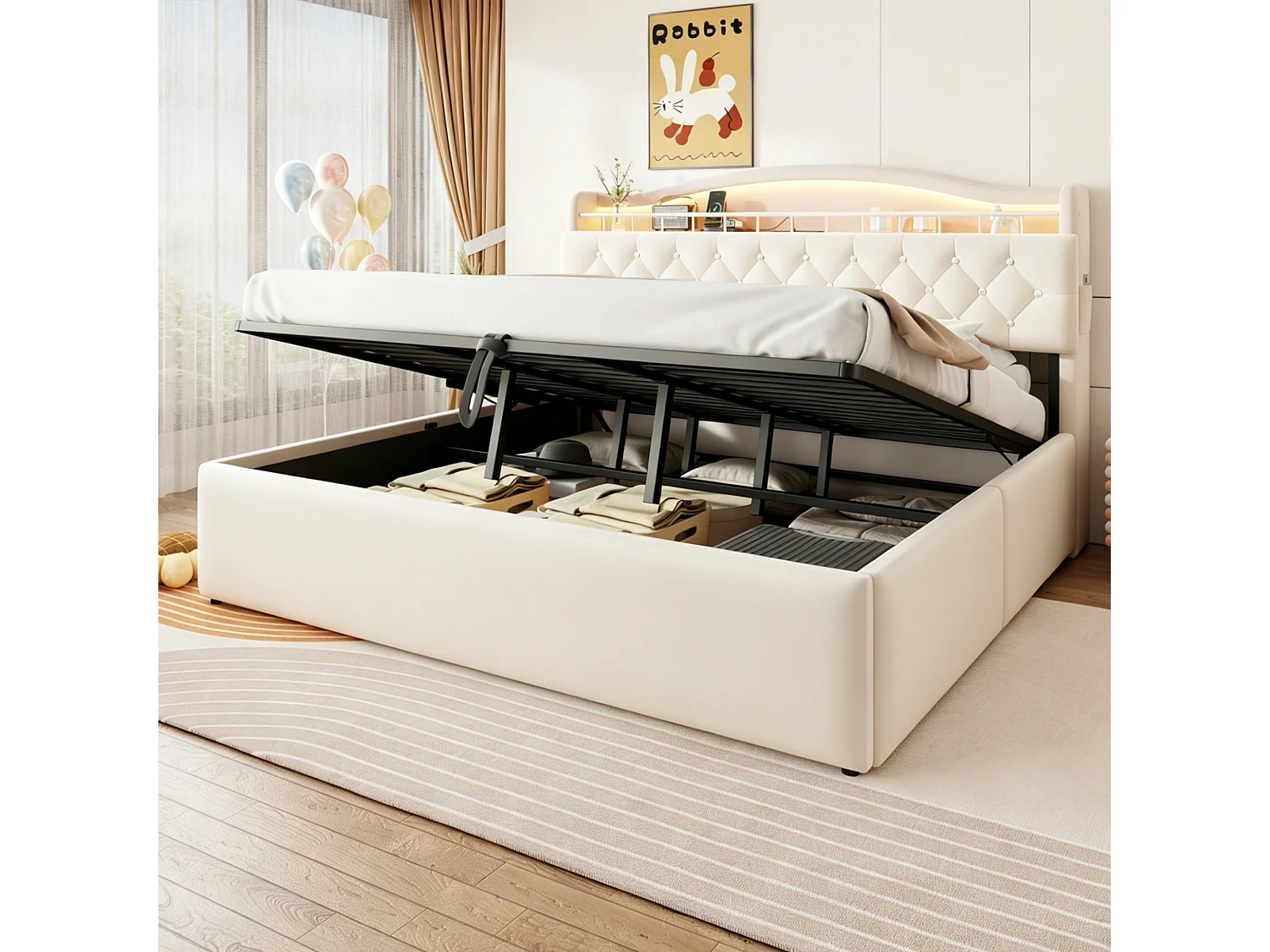 Lit coffre capitonné 180 x 200 cm - avec lumière LED - avec port de chargement USB - Beige (matelas non inclus)