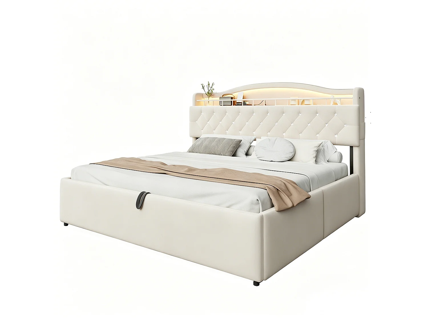 Lit coffre capitonné 180 x 200 cm - avec lumière LED - avec port de chargement USB - Beige (matelas non inclus)