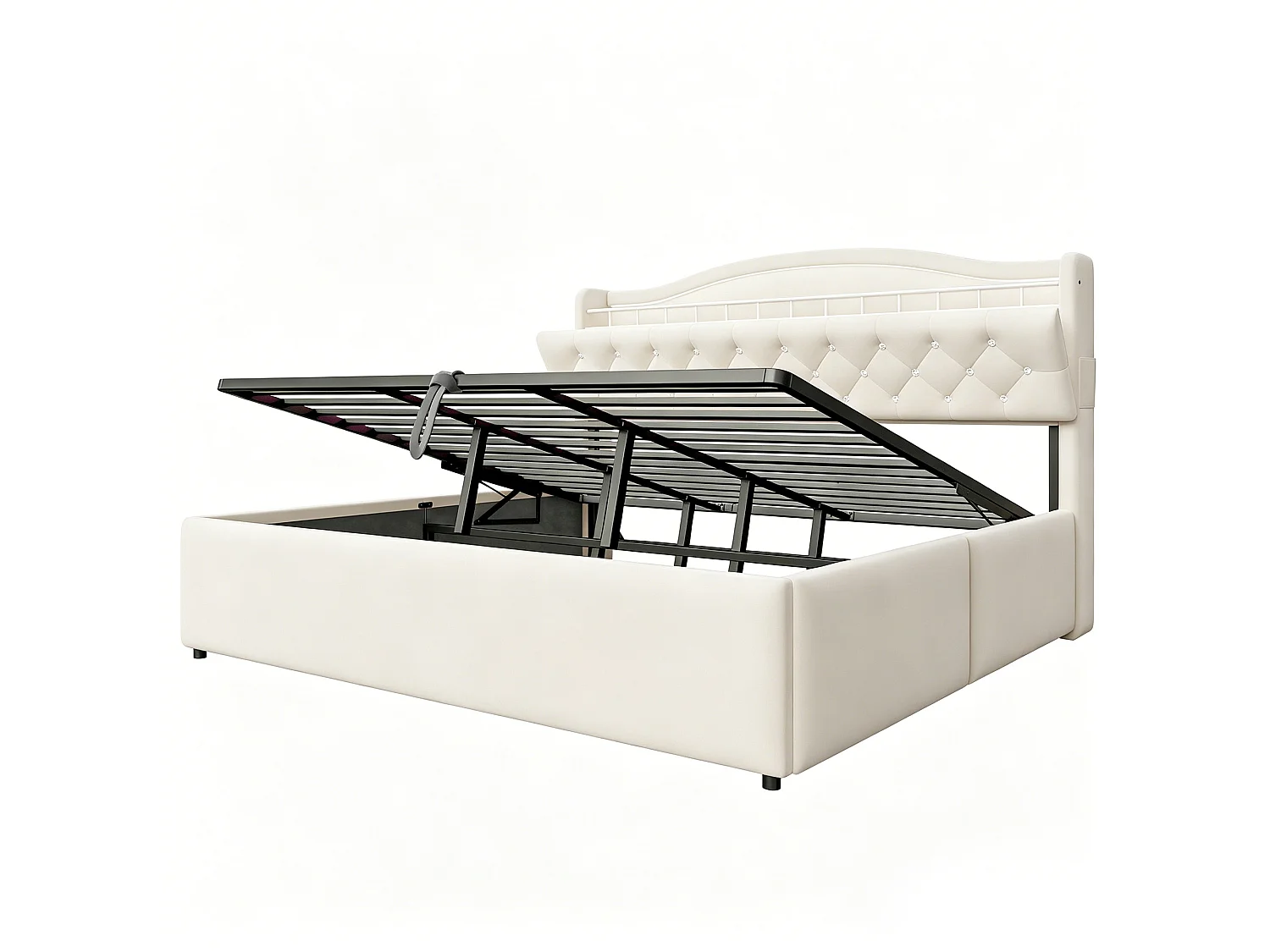 Lit coffre capitonné 180 x 200 cm - avec lumière LED - avec port de chargement USB - Beige (matelas non inclus)