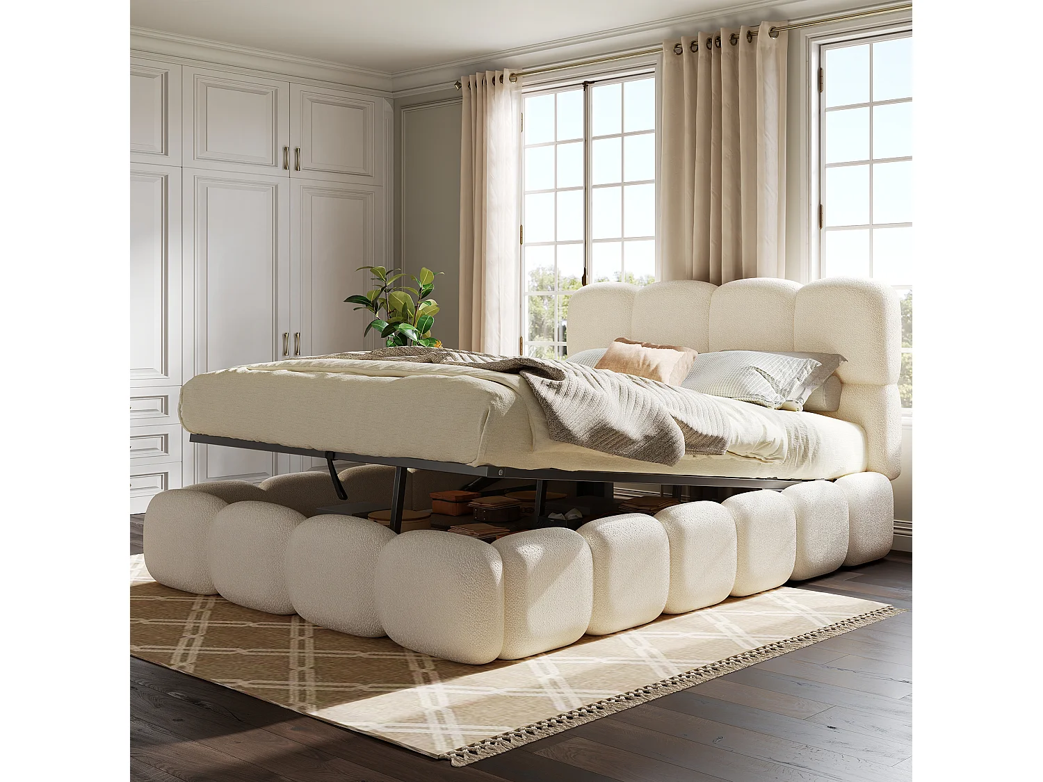 Lit coffre double rembourré 140x200 cm - avec sommier à lattes - tissu bouclé - blanc (matelas non inclus)